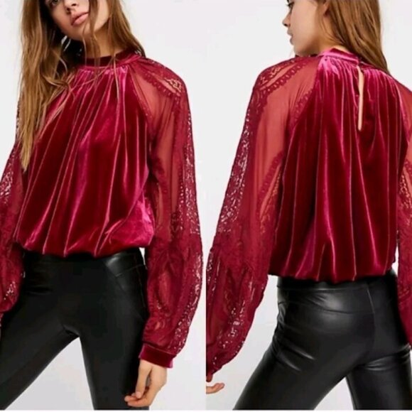 Free People Velvet & Lace Sleeve Blouse - Picture 1 of 14